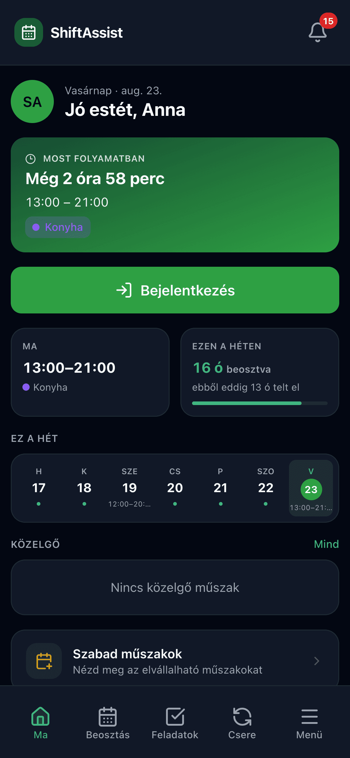 ShiftAssist employee mobile view in dark mode: the shift in progress, the clock-in button, the weekly hours and the days of the week.