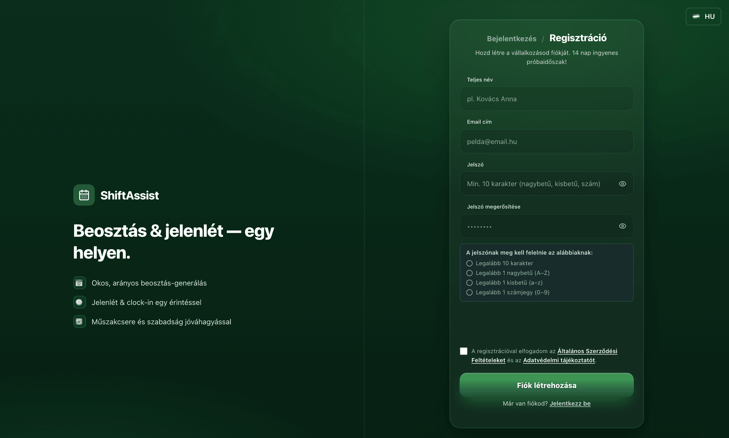 A ShiftAssist regisztrációs űrlapja: teljes név, e-mail cím és jelszó mező, alatta a „Fiók létrehozása" gomb.