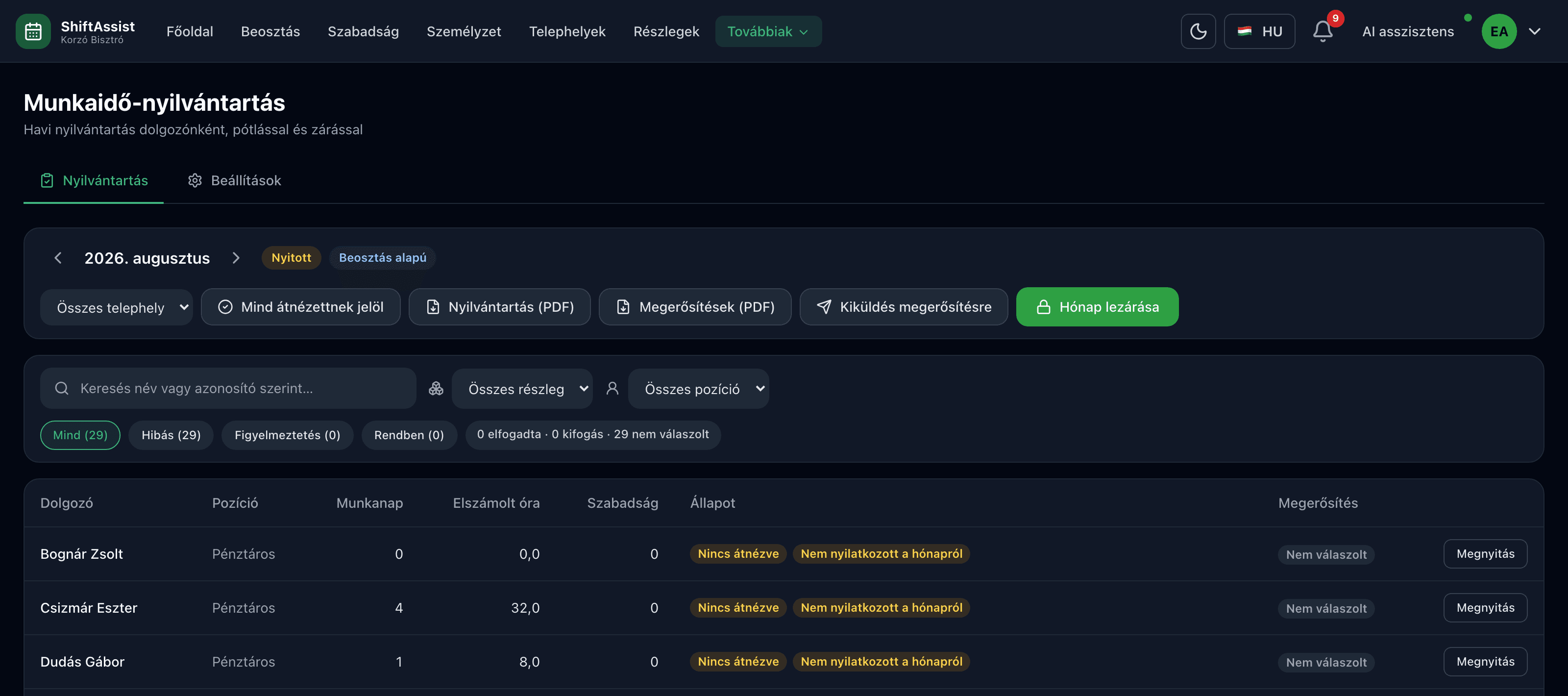 The ShiftAssist work-time register in dark mode: the month per employee, with working days, recorded hours, time-off and status flags.
