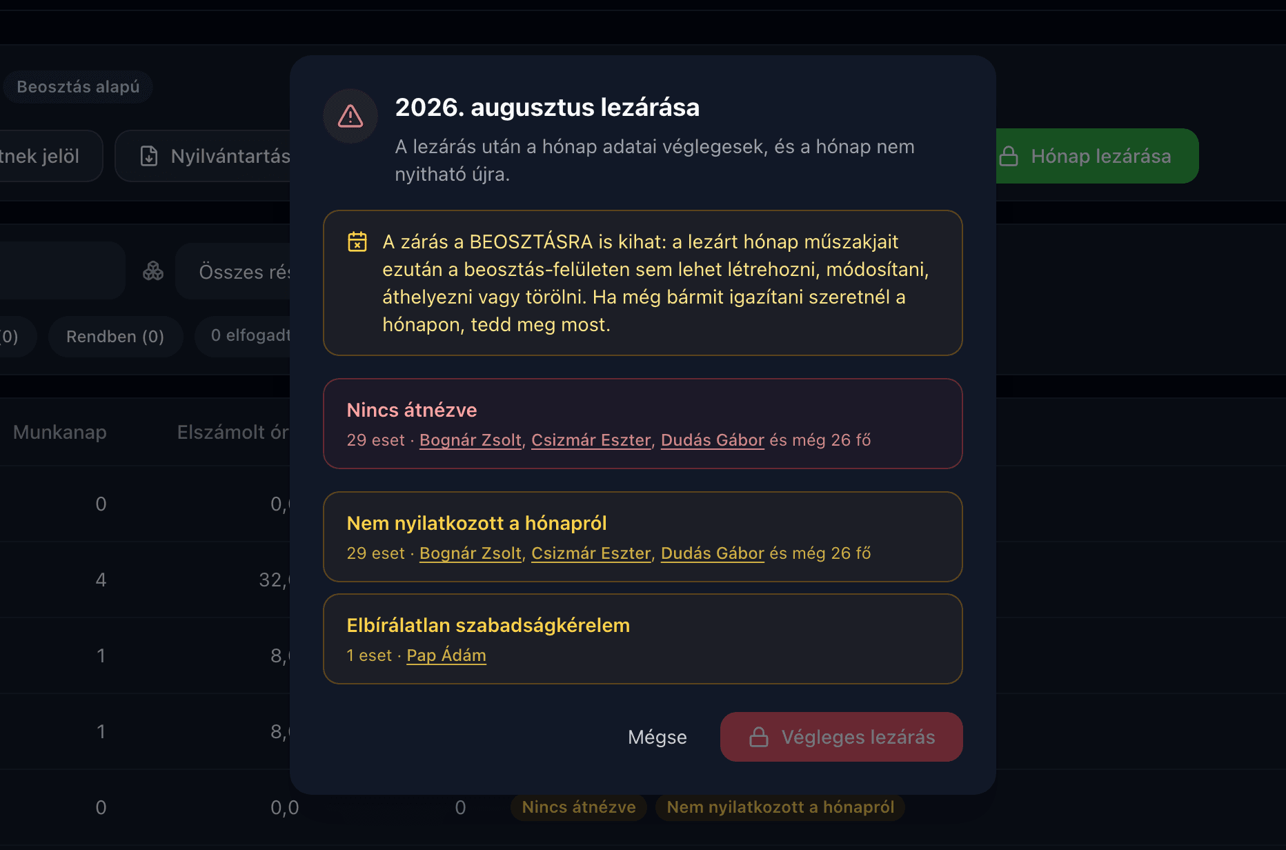 A ShiftAssist havi lezárás párbeszédablaka sötét módban: a lezárandó hónap összesítése és a lezárás megerősítése.