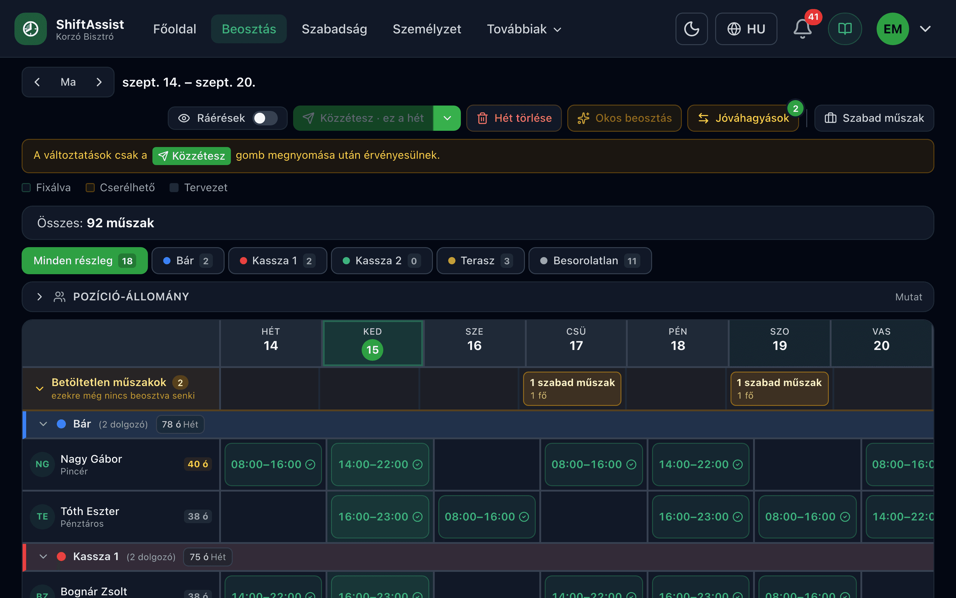 ShiftAssist műszaktervező desktop dashboard