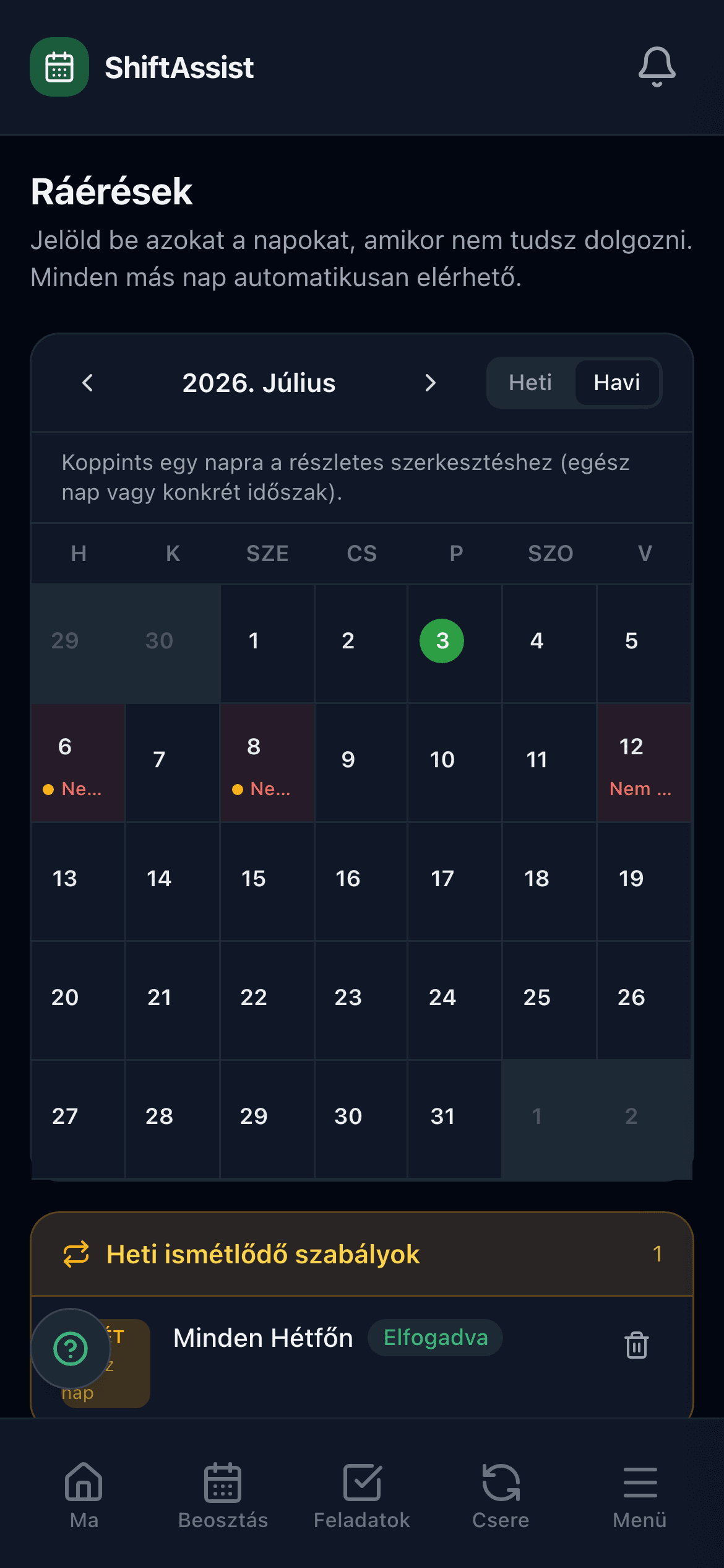 Ráérések leadása a dolgozói mobilnézetben